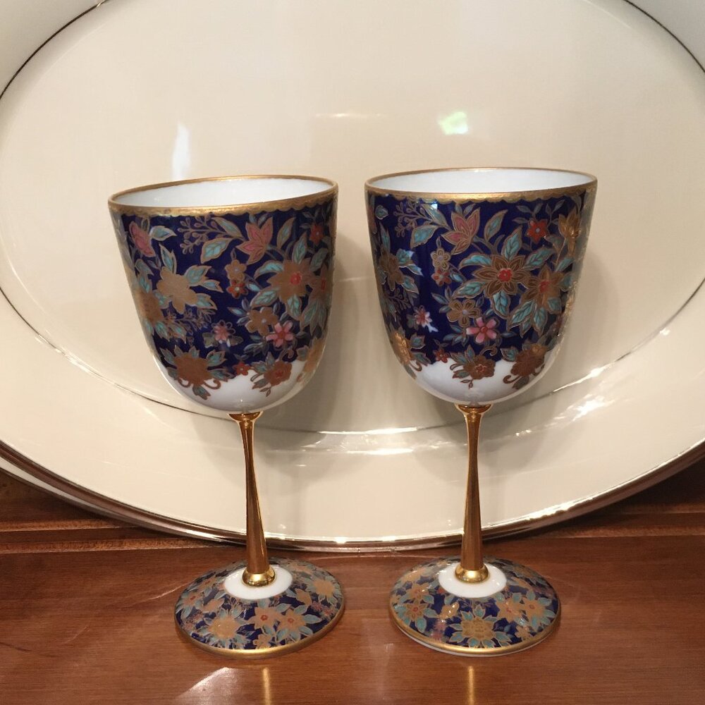 JAPANESE PORCELAIN Metal Stem Cordial Glasses, Wine Goblets DESIGNED BY SHIBATA